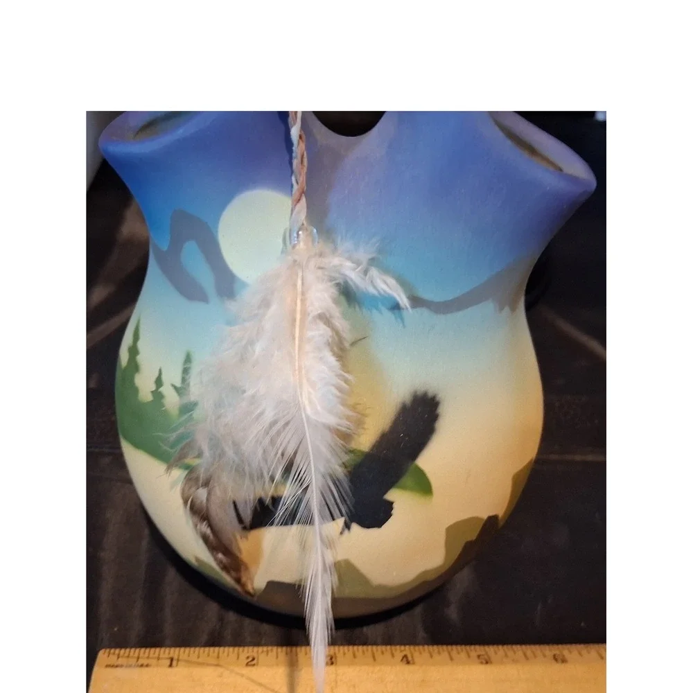 Southwestern Eagle Wedding Vase Ceramic Hand Painted Feather Accent Pottery 7.5